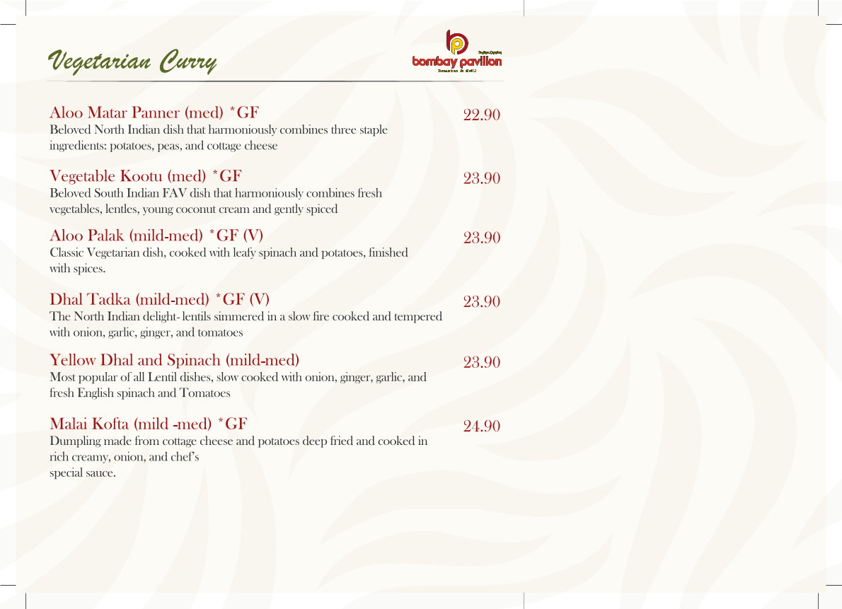 Menu, Bombay Pavilion