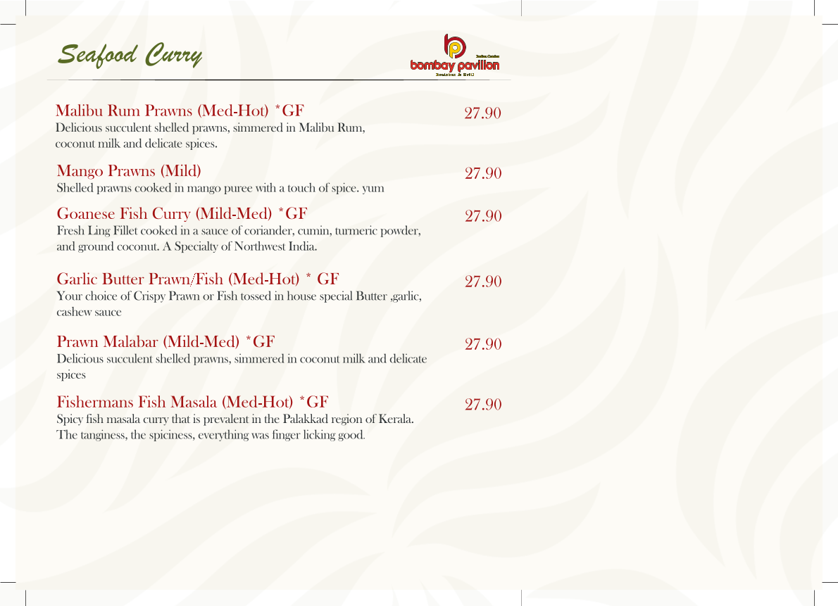 Menu, Bombay Pavilion