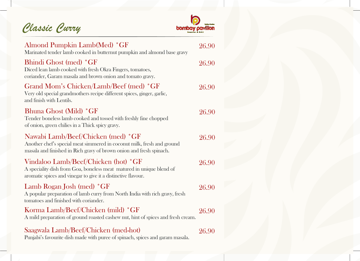Menu, Bombay Pavilion