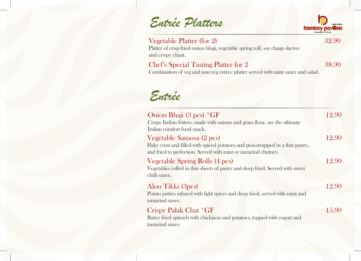 Menu, Bombay Pavilion
