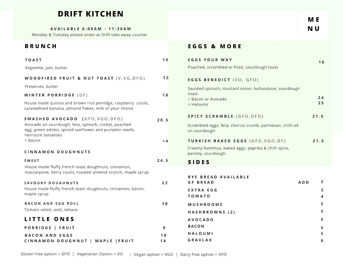 Menu, Drift Kitchen