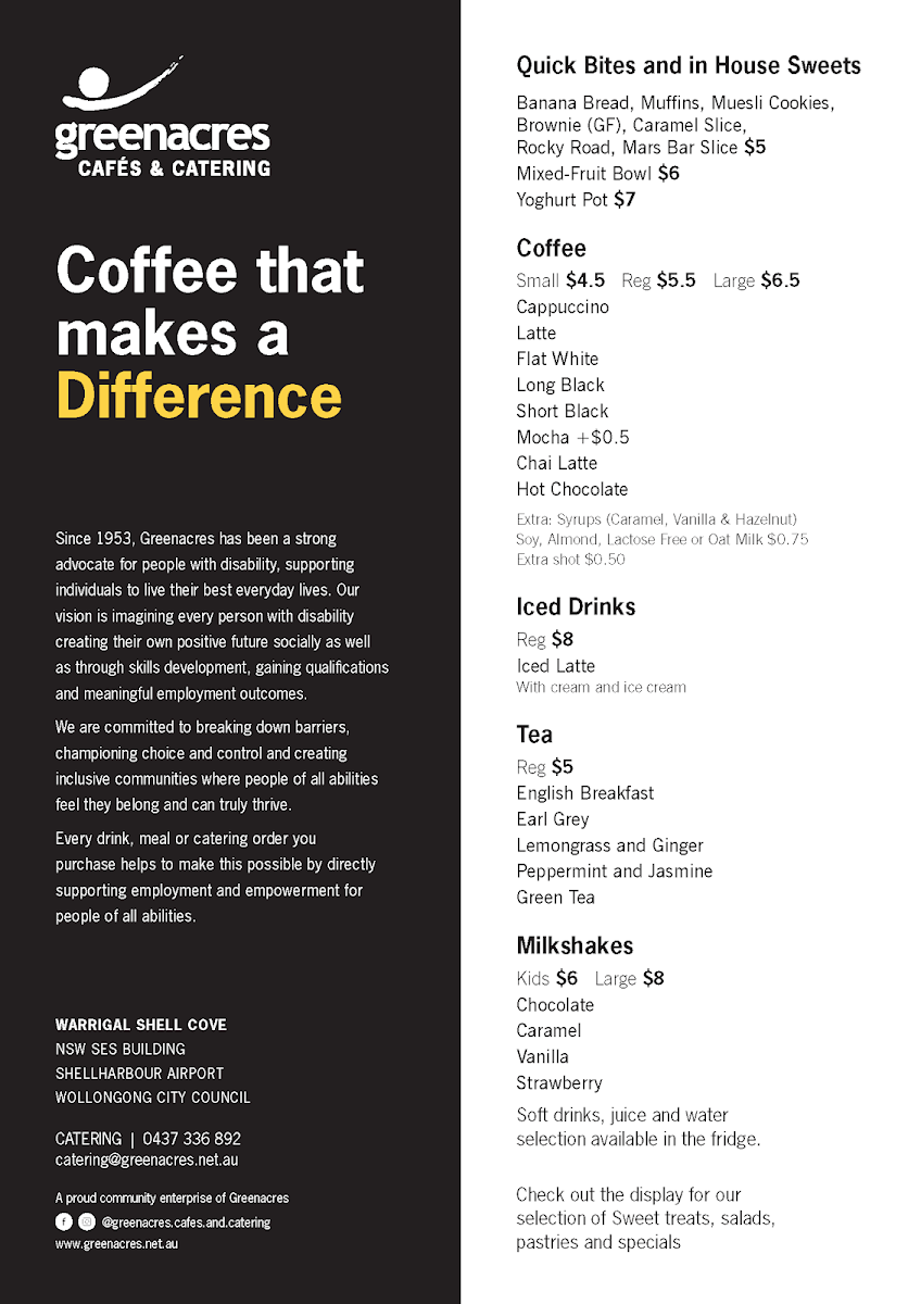 Menu, Greenacres Café & Catering Wollongong City Council