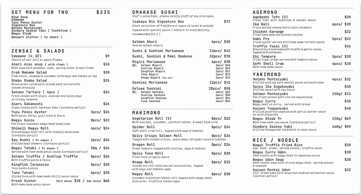 Menu, Izakaya Rin Japanese Restaurant & Bar