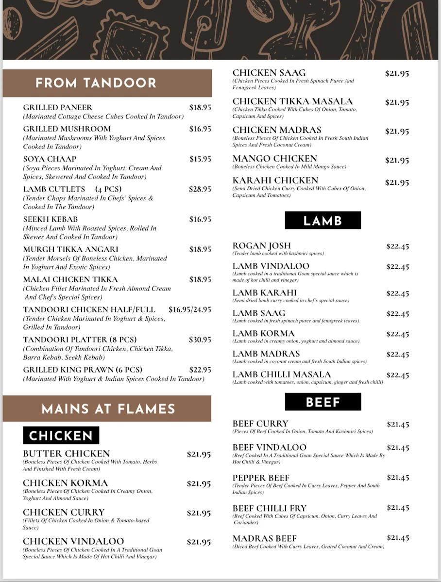 Menu, Masala Flames Indian Cuisine