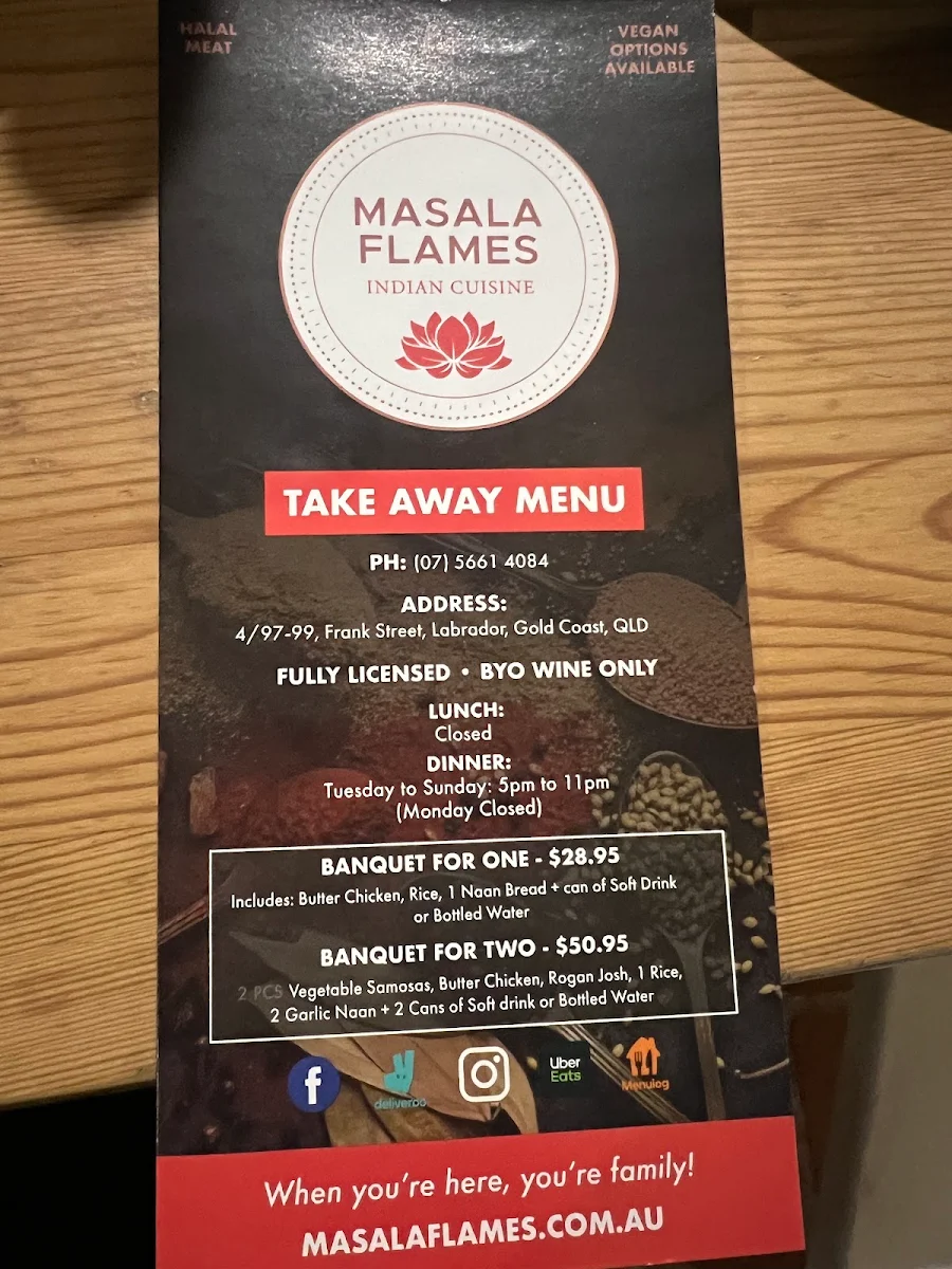 Menu, Masala Flames Indian Cuisine