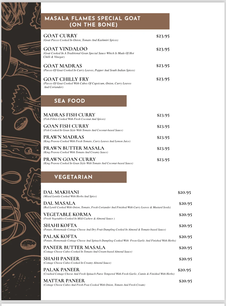 Menu, Masala Flames Indian Cuisine