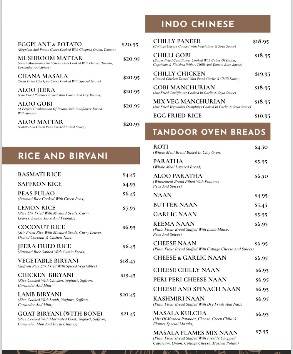 Menu, Masala Flames Indian Cuisine