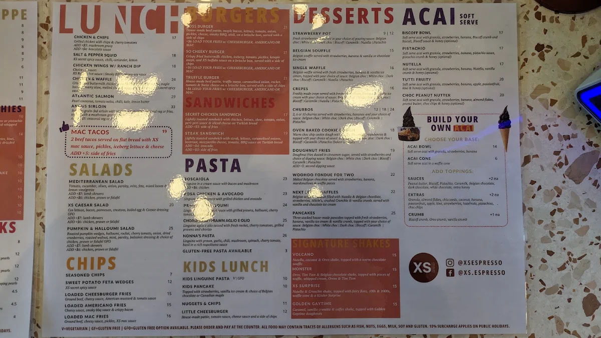 Menu, XS Espresso Croydon Park