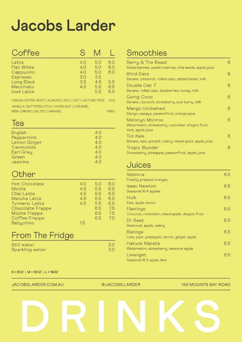 Menu, Jacobs Larder