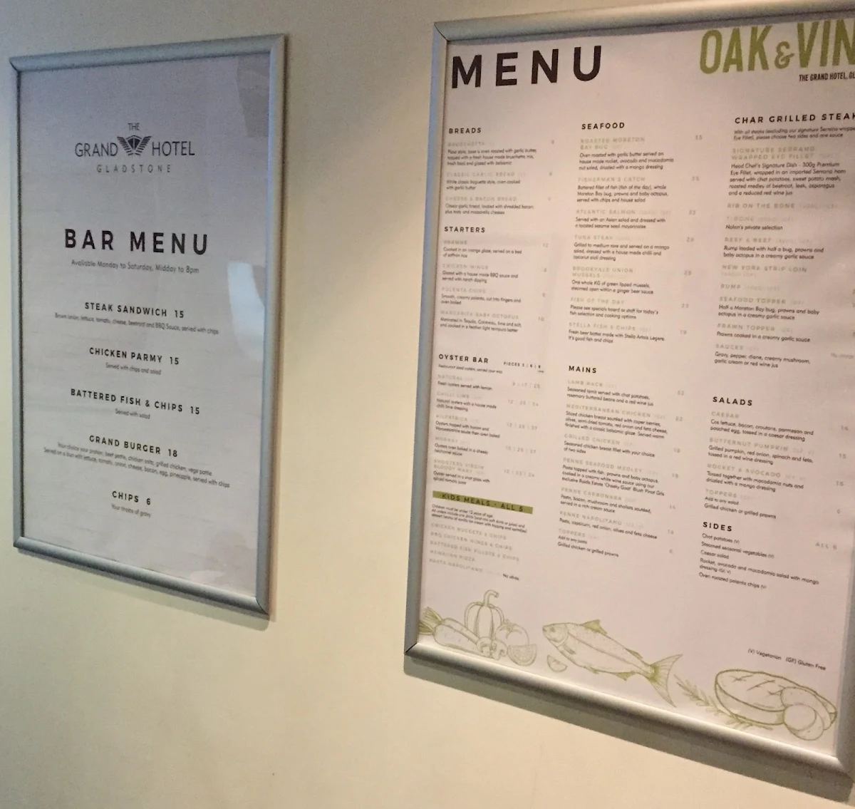 Menu, Oak and Vine Gladstone