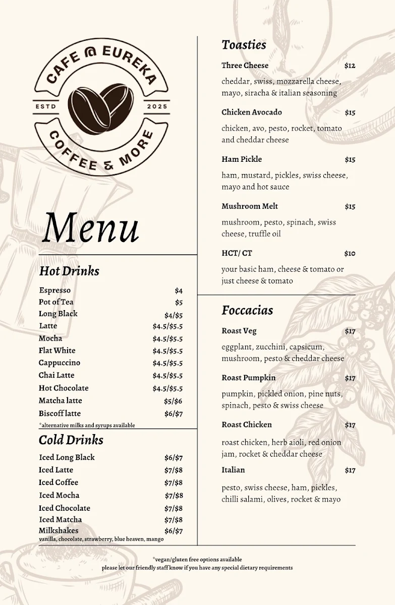 Menu, Cafe @ Eureka