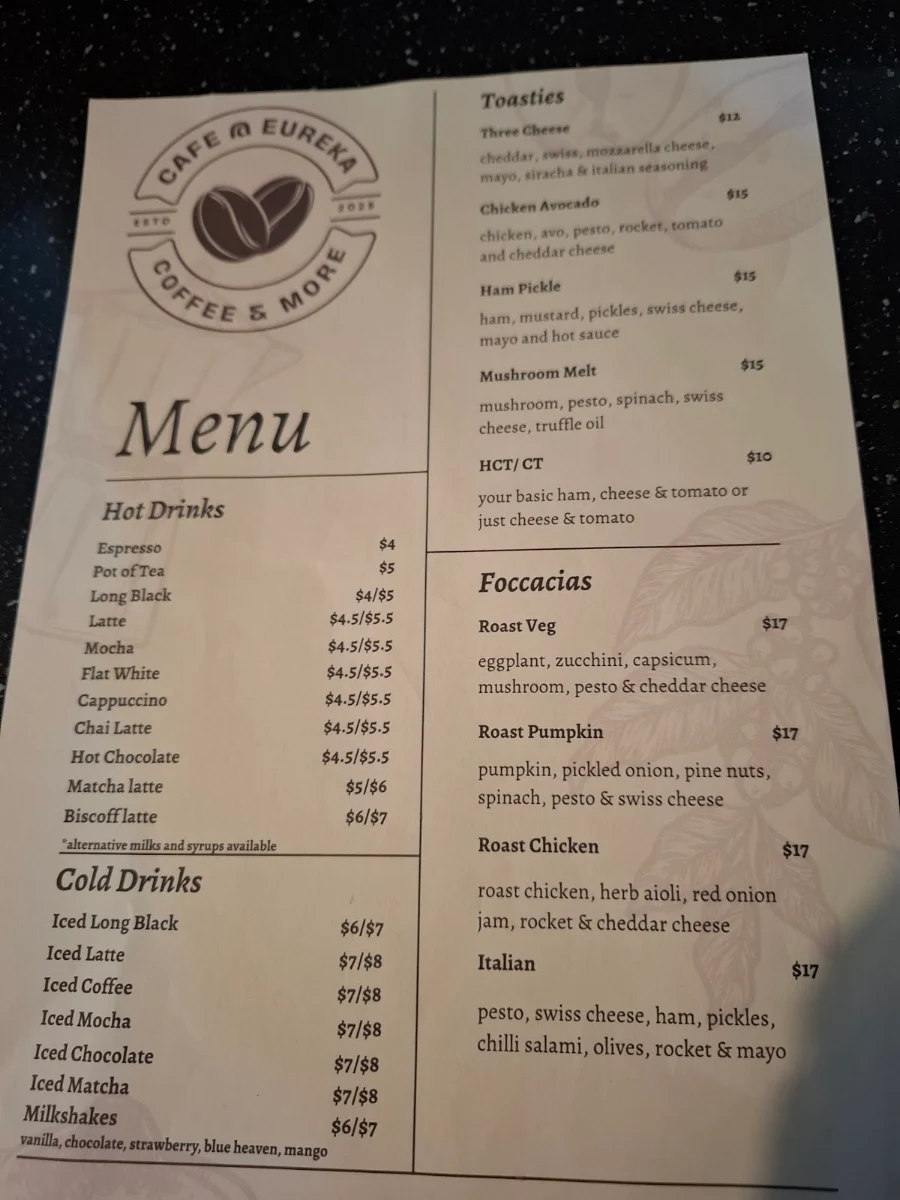 Menu, Cafe @ Eureka