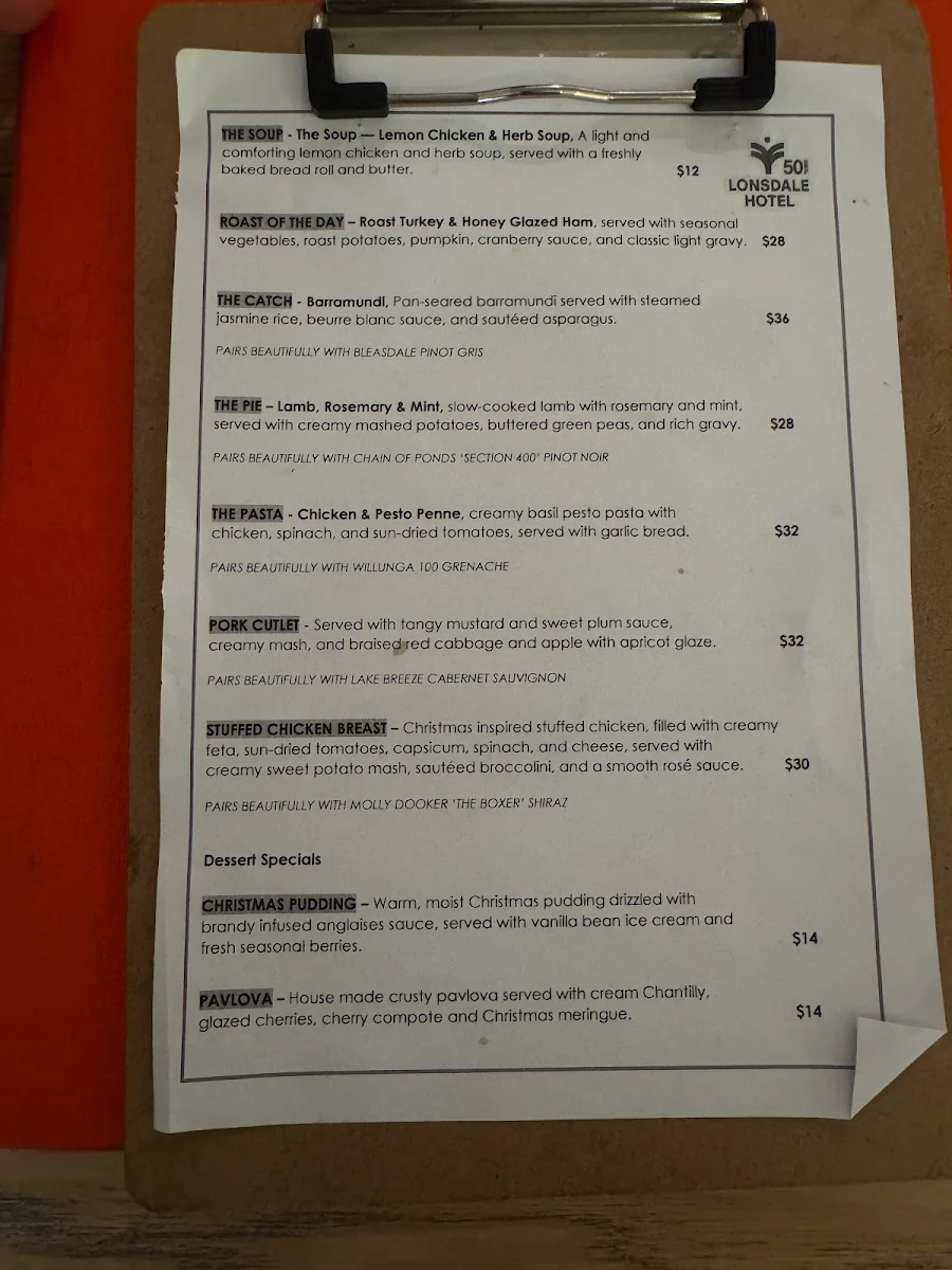 Menu, The Lonsdale Hotel