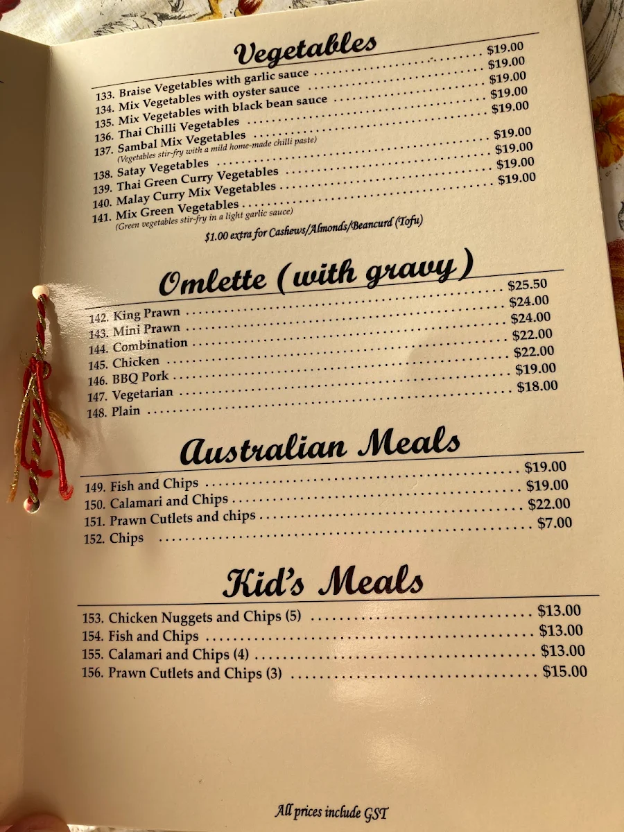 Menu, Bunga Raya Chinese Restaurant