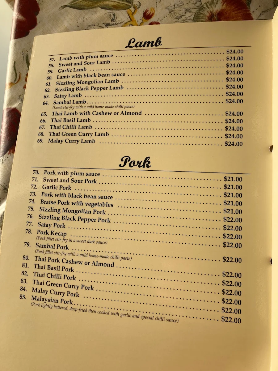 Menu, Bunga Raya Chinese Restaurant