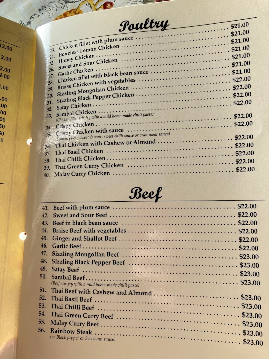 Menu, Bunga Raya Chinese Restaurant