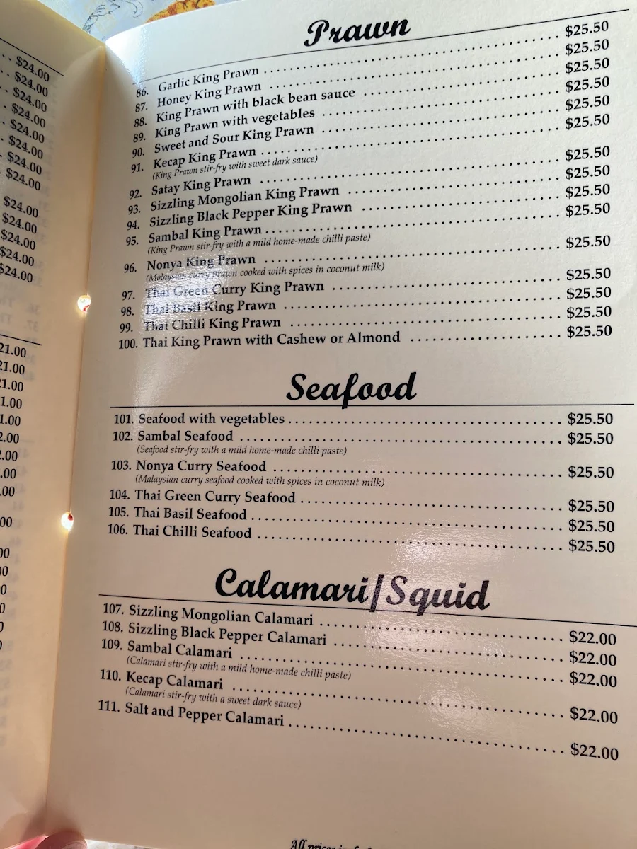 Menu, Bunga Raya Chinese Restaurant