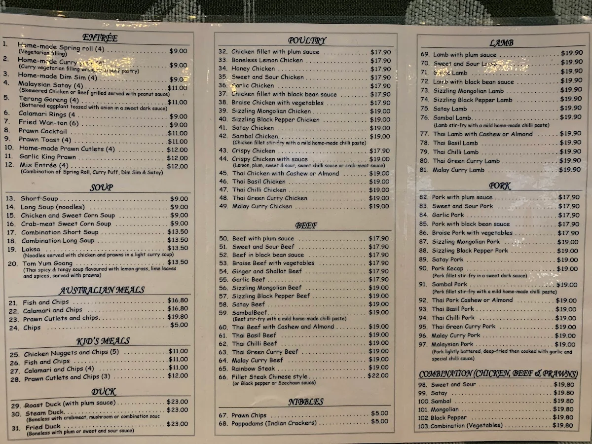 Menu, Bunga Raya Chinese Restaurant