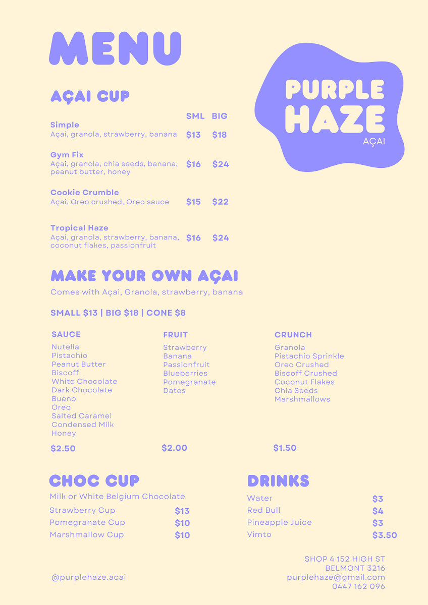 Menu, Purple Haze Acai