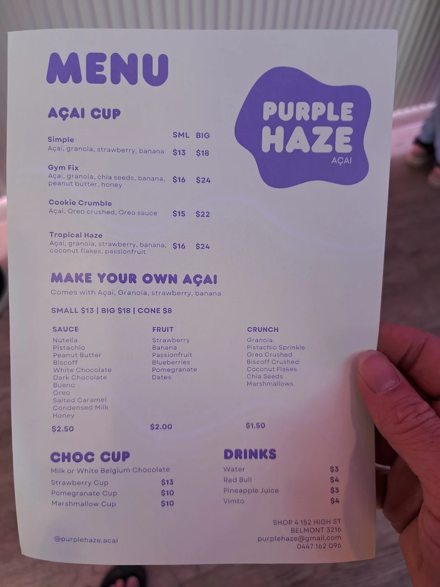 Menu, Purple Haze Acai