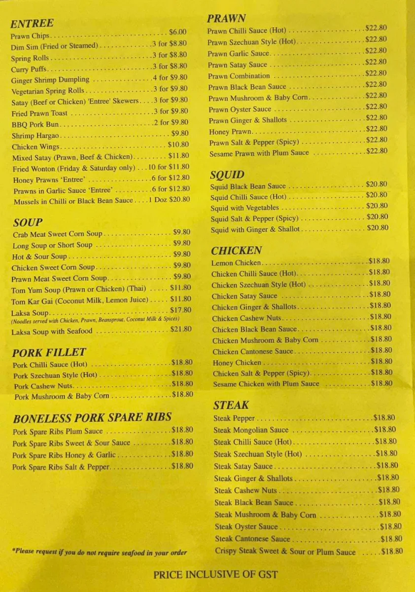 Menu, Queen Bee Chinese Restaurant