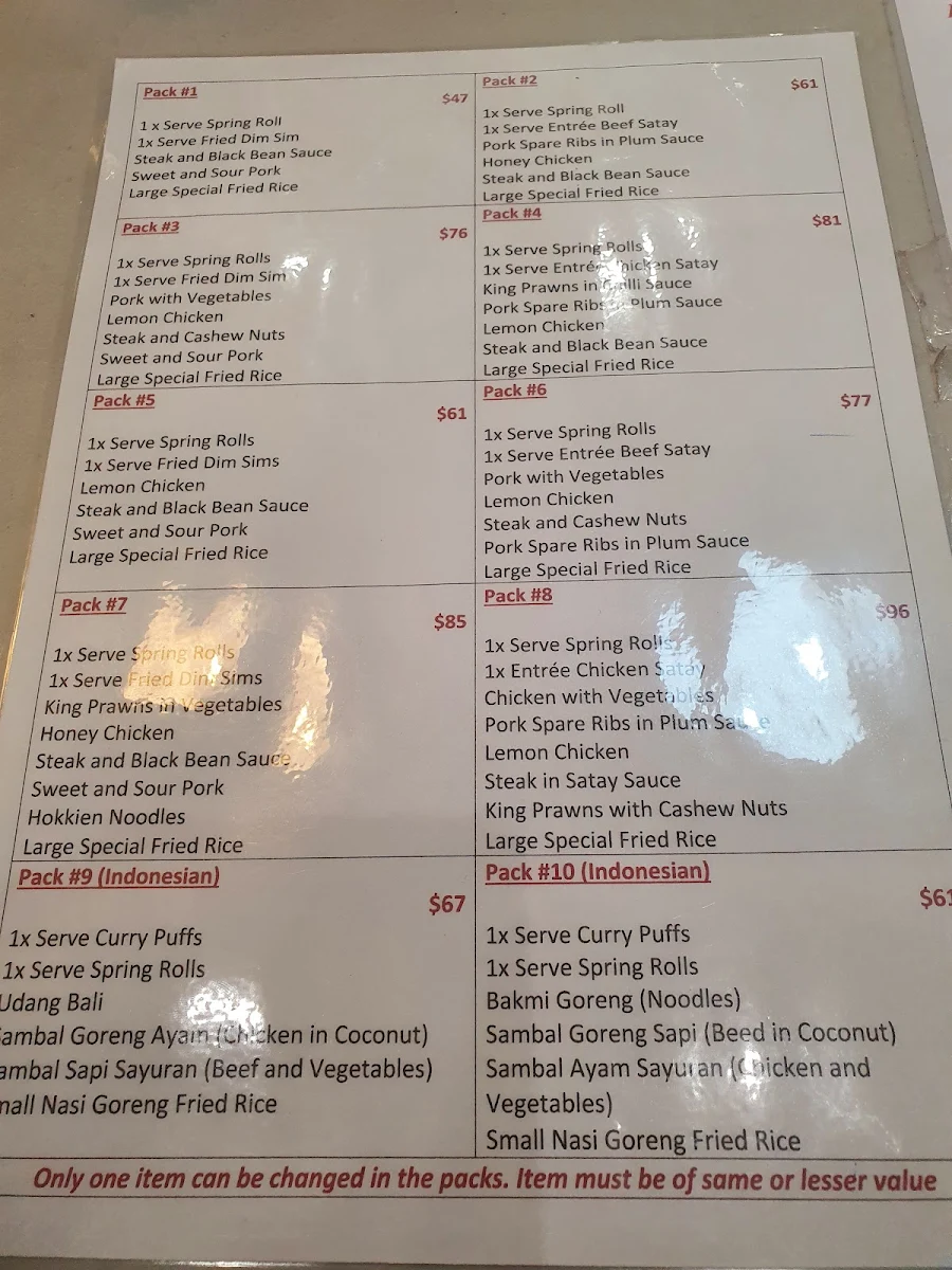 Menu, Queen Bee Chinese Restaurant