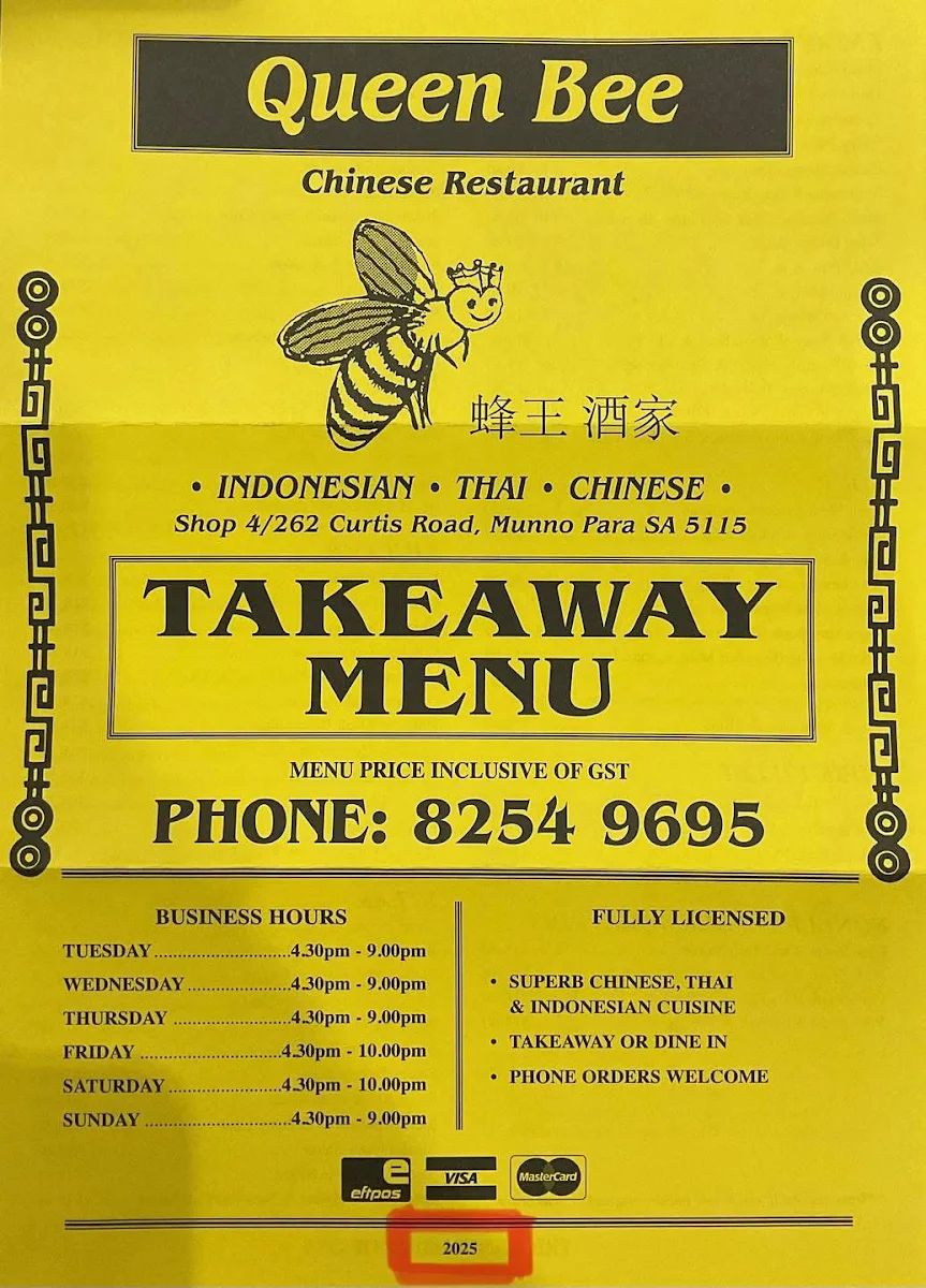 Menu, Queen Bee Chinese Restaurant