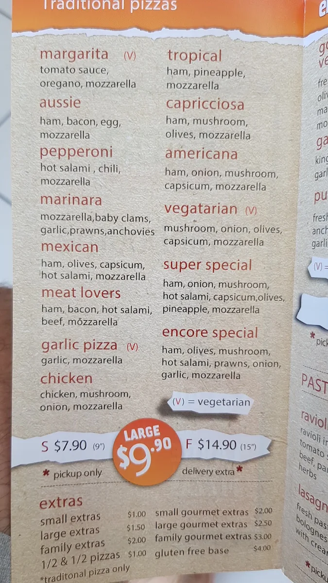 Menu, Encore Pizza Cranbourne