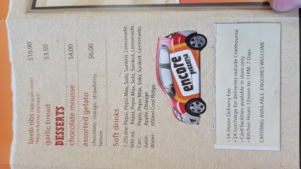 Menu, Encore Pizza Cranbourne