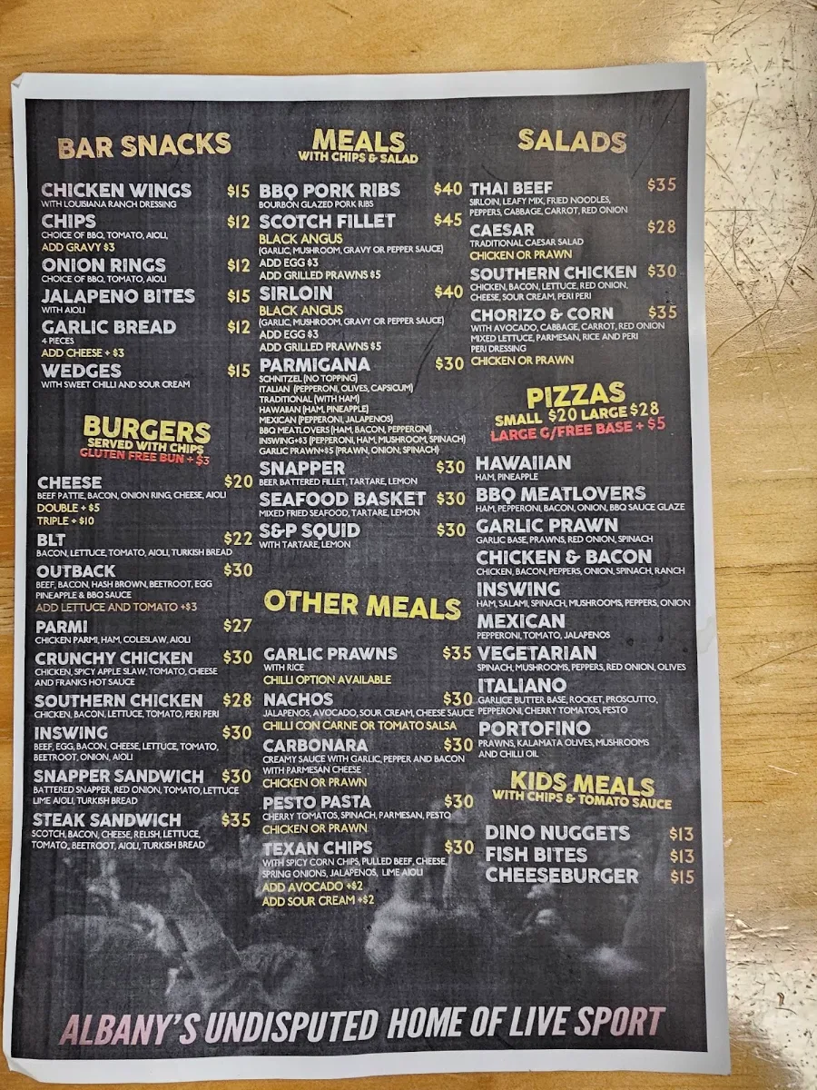 Menu, InSwing Sports Bar