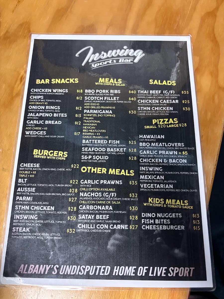 Menu, InSwing Sports Bar