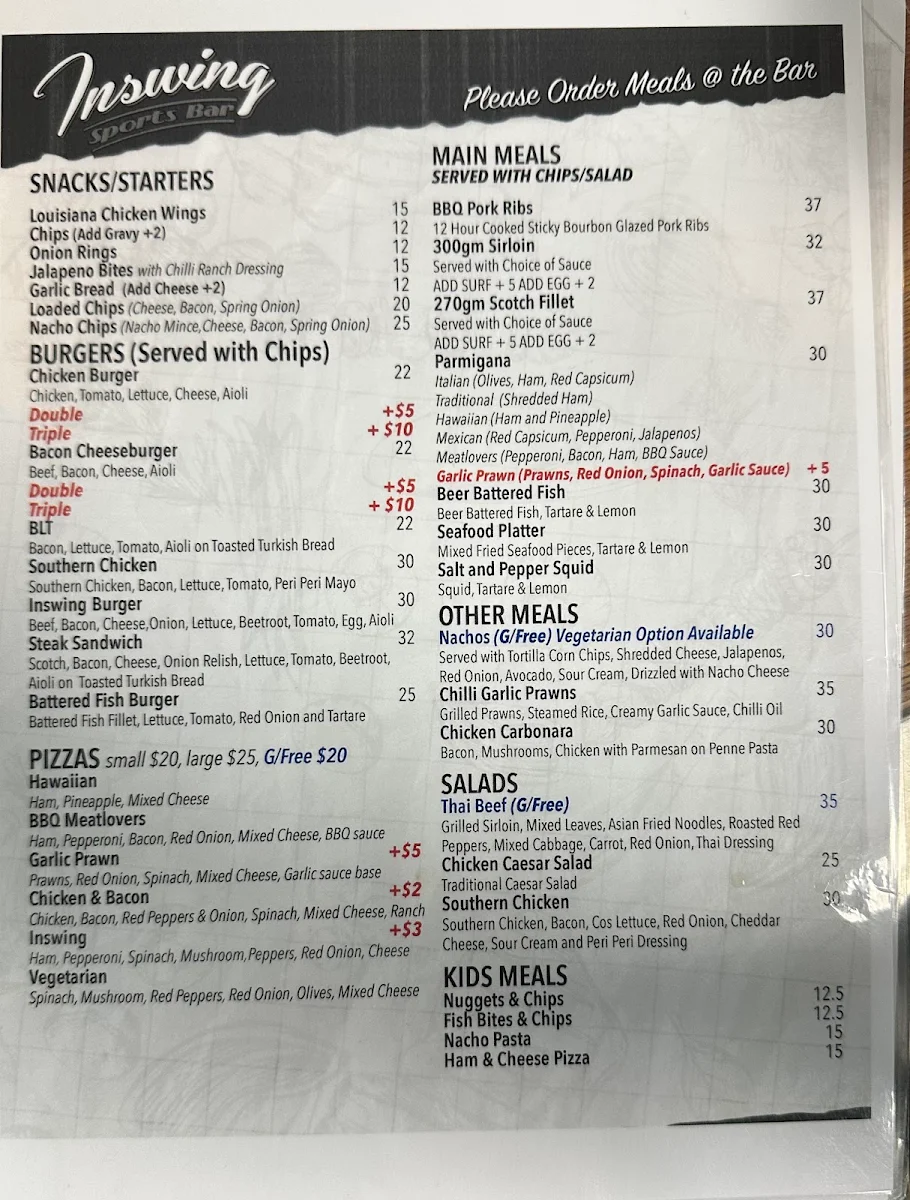 Menu, InSwing Sports Bar