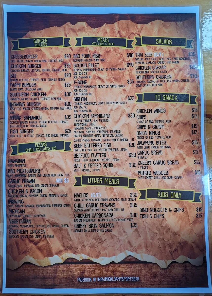 Menu, InSwing Sports Bar