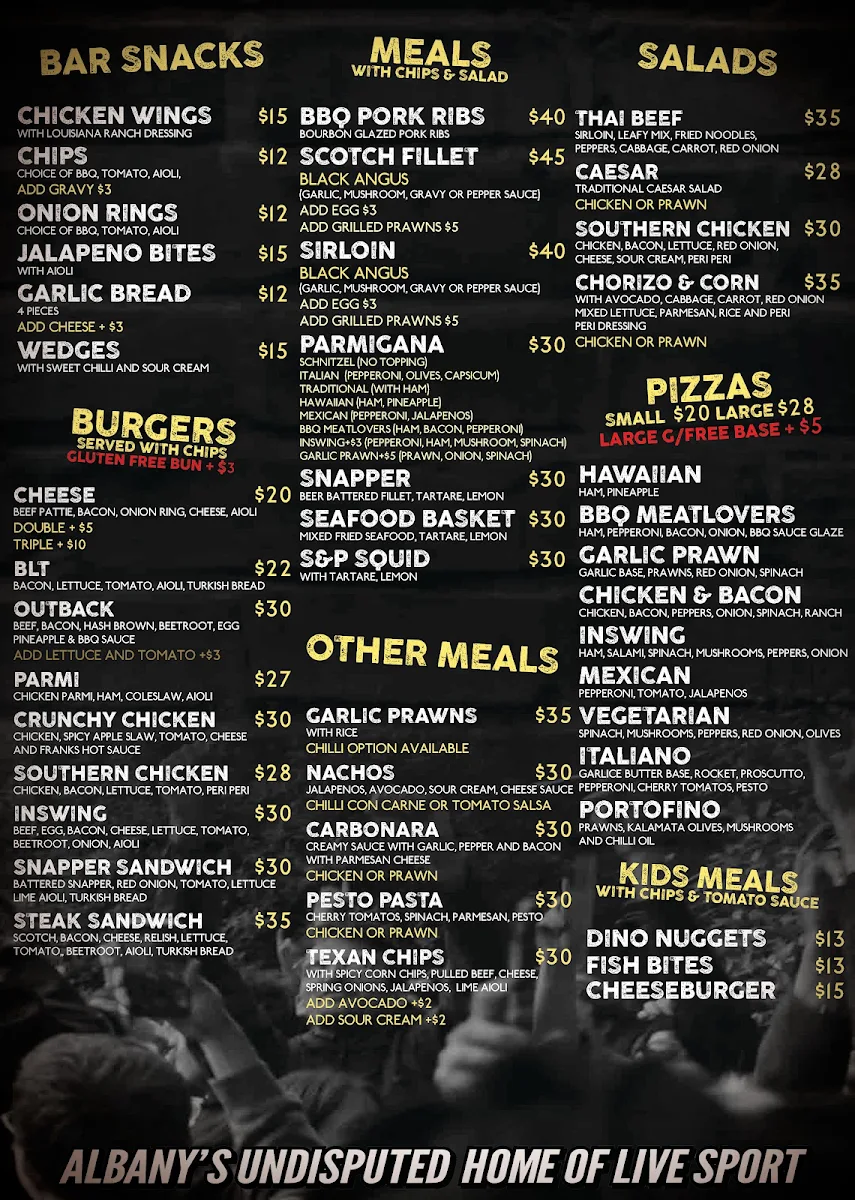 Menu, InSwing Sports Bar