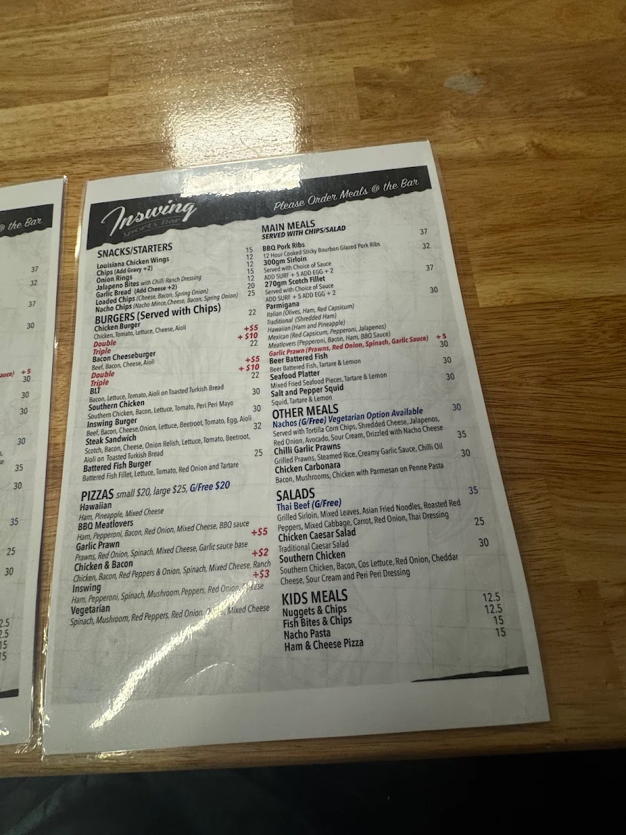 Menu, InSwing Sports Bar