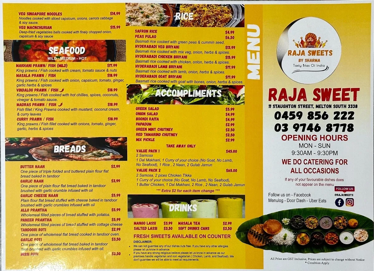 Menu, RAJA SWEETS BY SHARMA