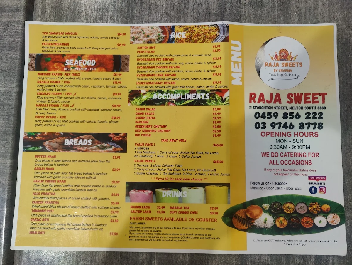 Menu, RAJA SWEETS BY SHARMA
