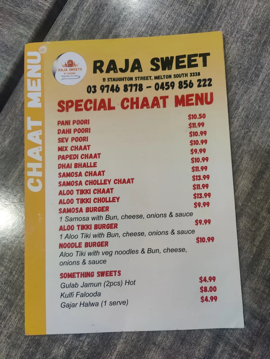 Menu, RAJA SWEETS BY SHARMA
