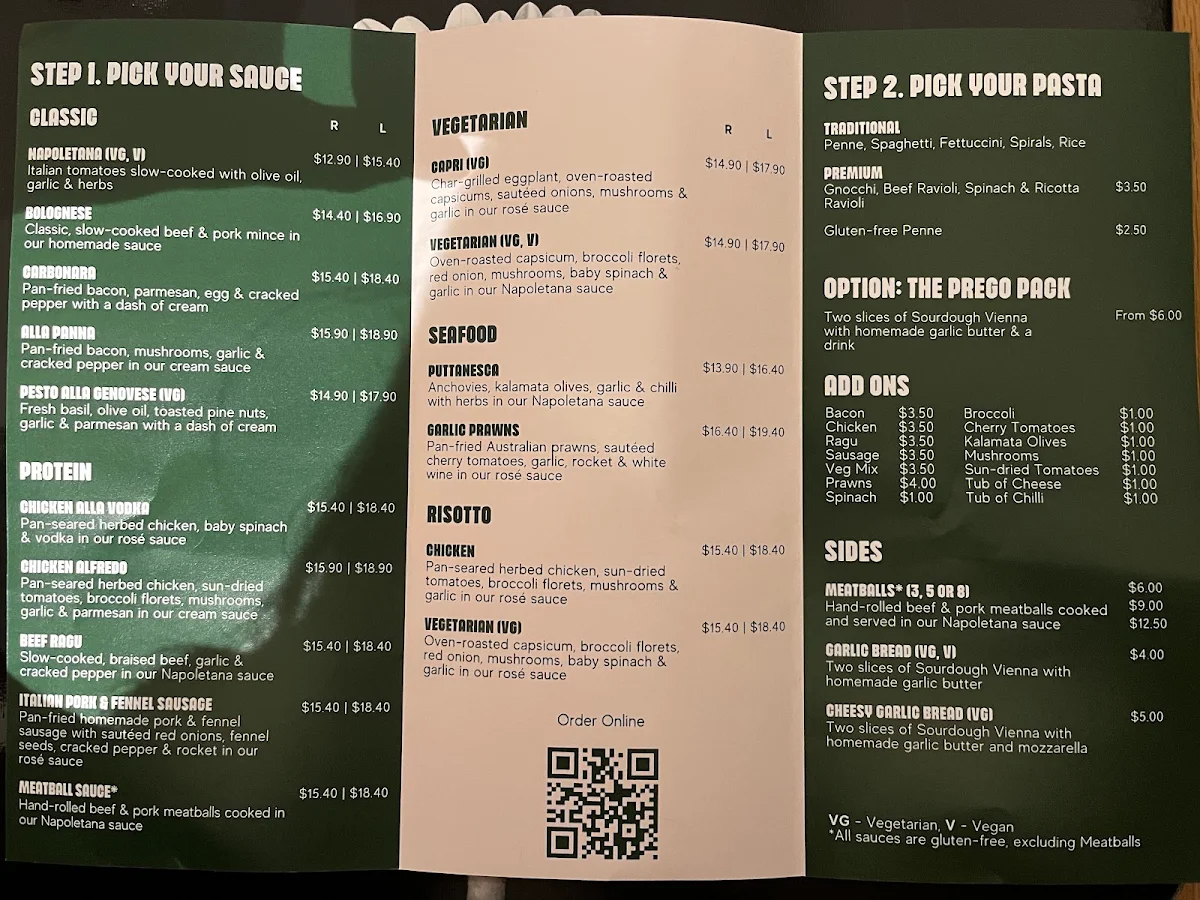 Menu, Pasta Prego