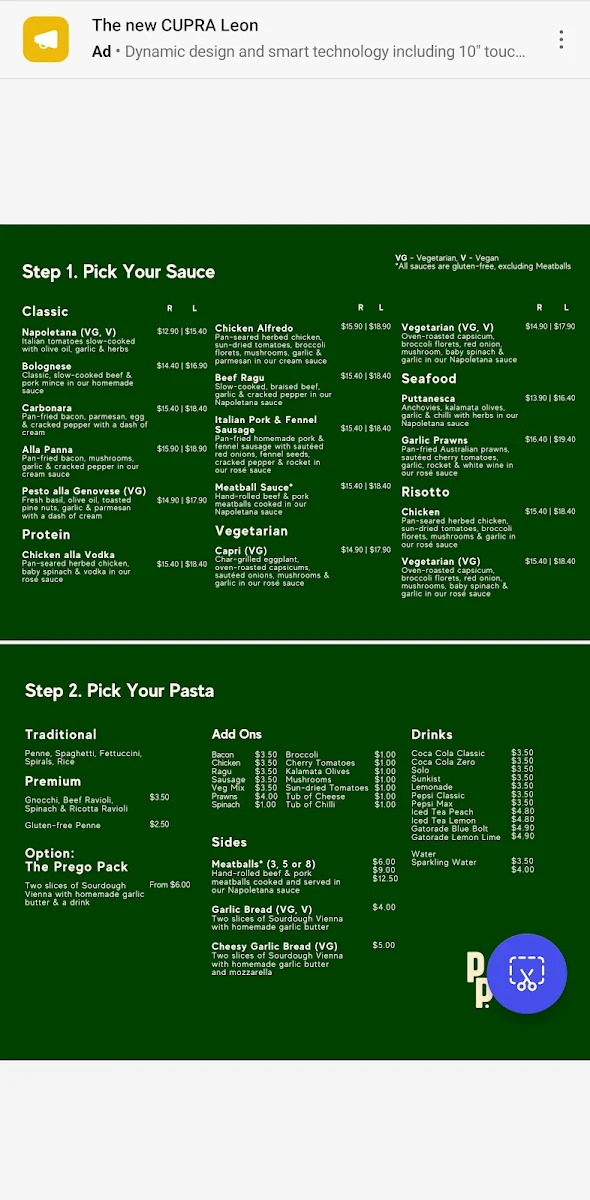 Menu, Pasta Prego