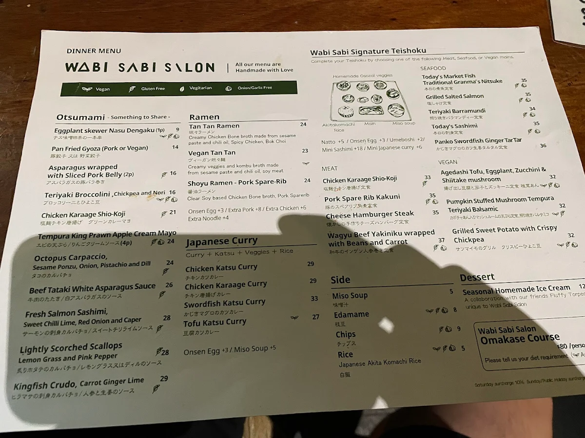 Menu, Wabi Sabi Salon