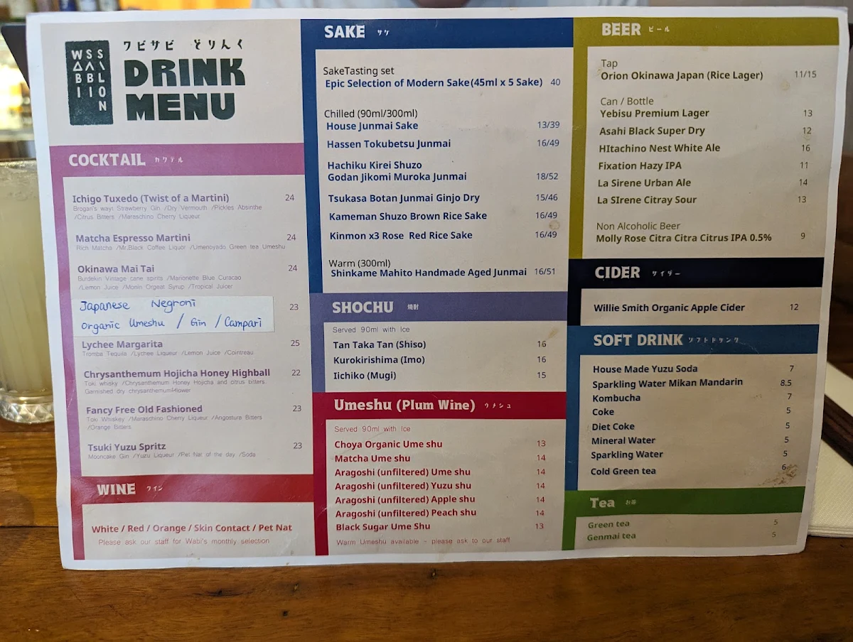 Menu, Wabi Sabi Salon