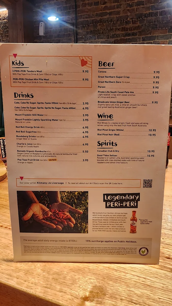 Menu, Nando's Mount Lawley
