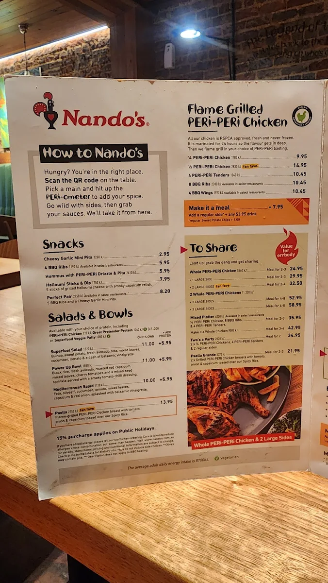 Menu, Nando's Mount Lawley