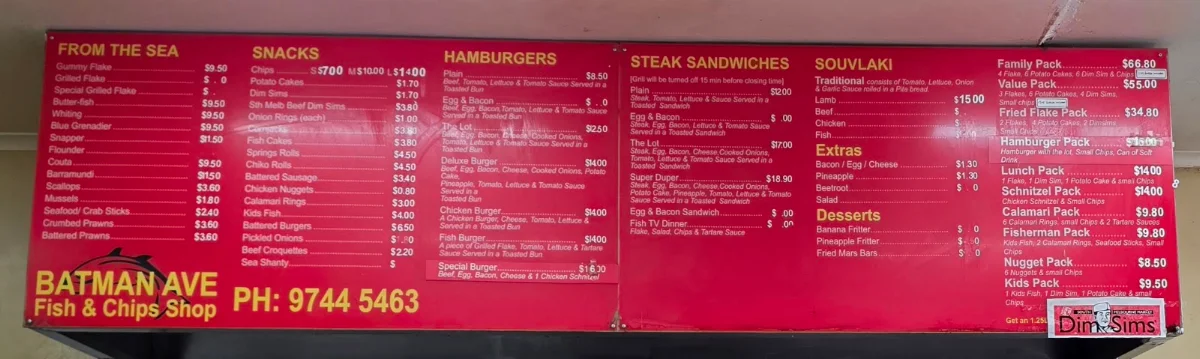Menu, Batman Ave Fish Shop