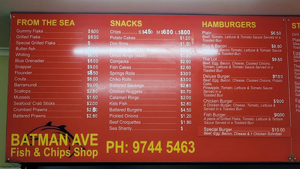 Menu, Batman Ave Fish Shop