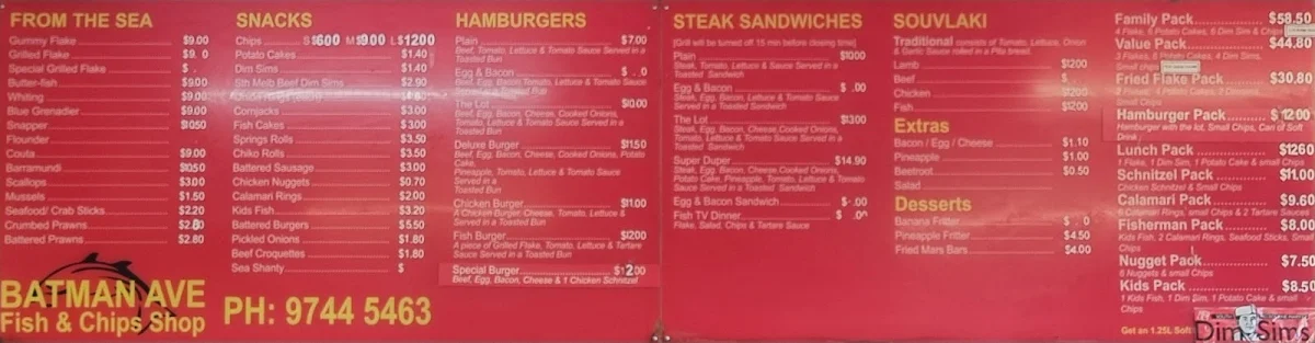 Menu, Batman Ave Fish Shop