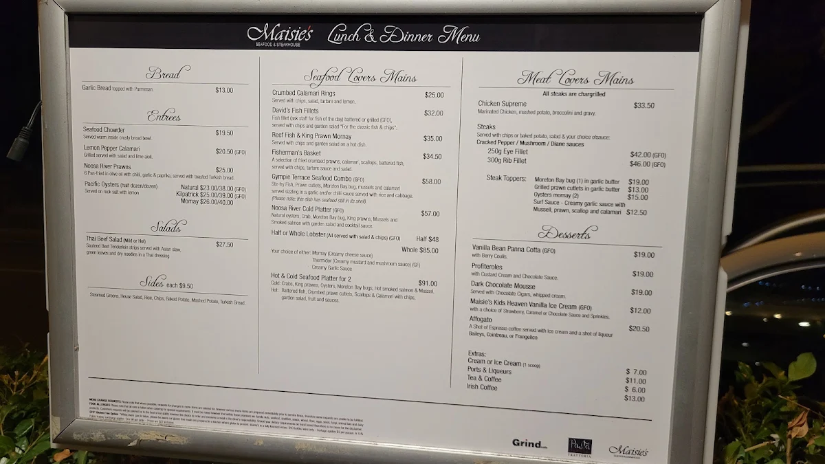 Menu, Maisie's Seafood & Steakhouse