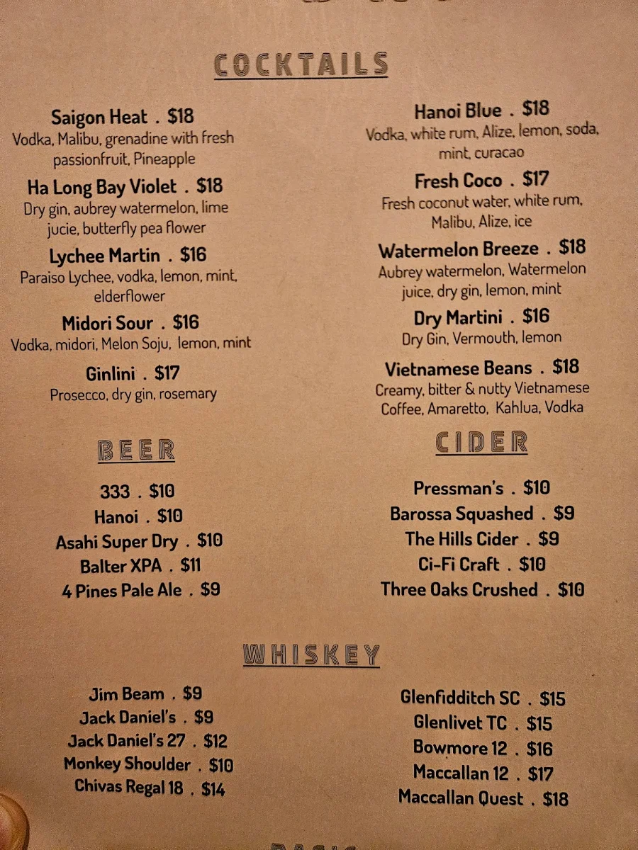 Menu, Khôi’s Surry Hills