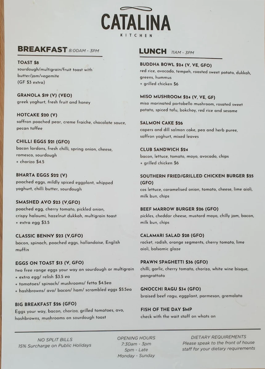Menu, Catalina Kitchen Cafe, Bar & Restaurant